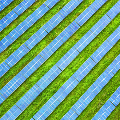 Aerial shot of solar panels organized in vertical lines.