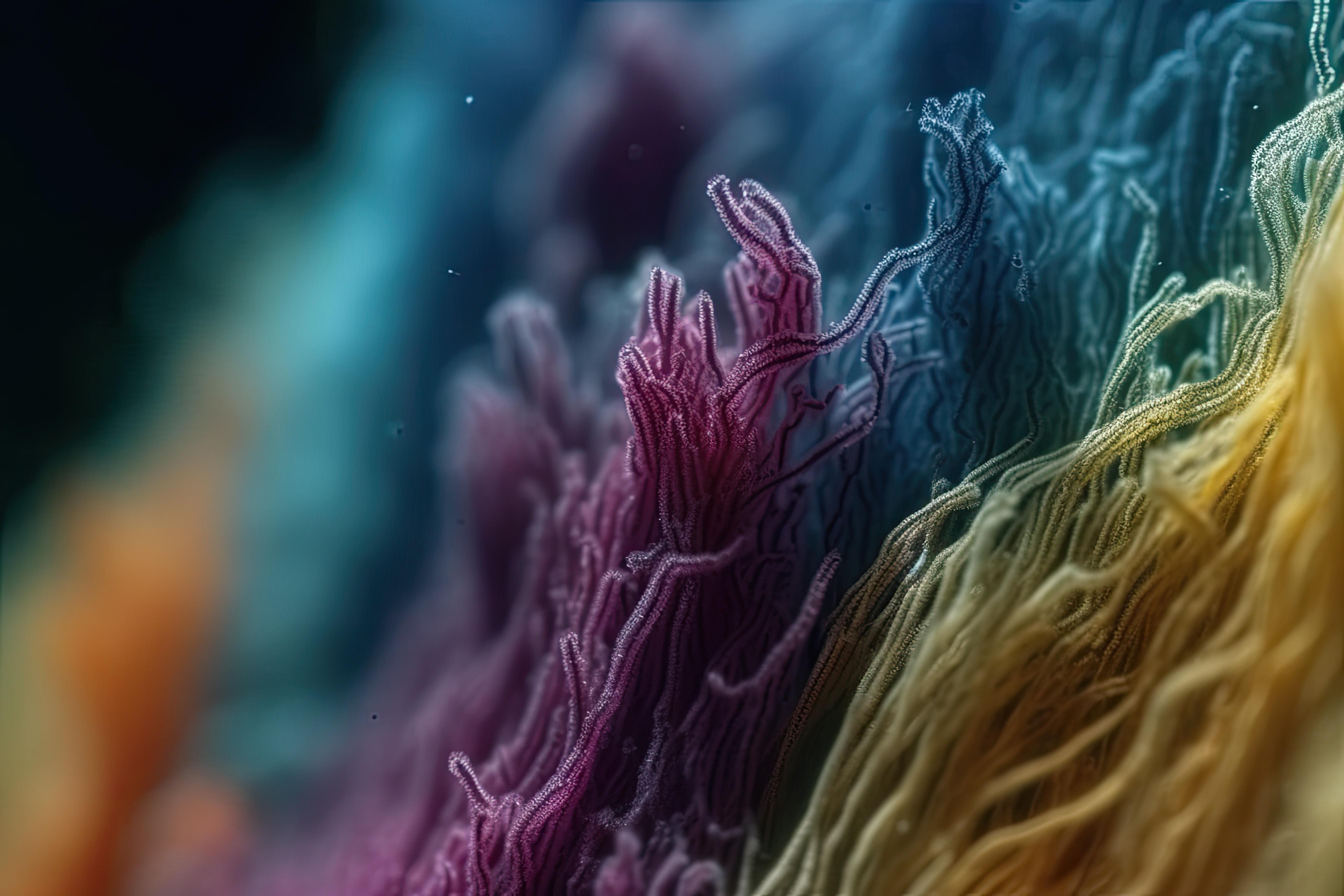 Coloured wool fabric under the microscope, tones of burgundy, mustard, dark orange, black and olympic blue. Macro photography. Generated by AI.